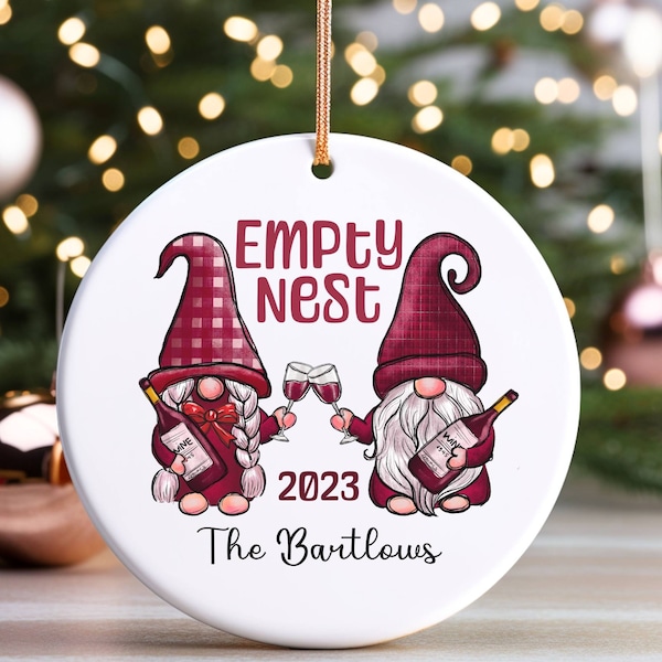 Personalized Empty Nest Ceramic Christmas Ornament, Gnome Couple Xmas Ornament for Wine Drinkers, Customized Empty Nester Gift Ornament