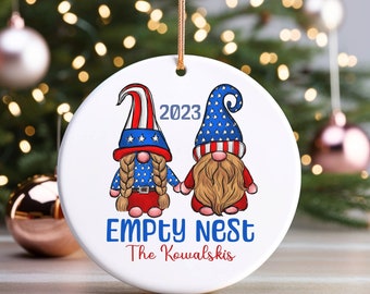 Personalized Empty Nest Ceramic Christmas Ornament, Patriotic Gnome Couple Xmas Ornament, Customized Empty Nester Gift Ornament