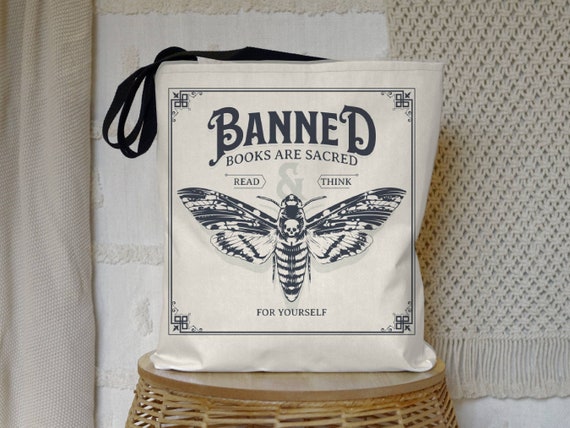 Banned Books Library Tote Bag, Moth Tote Bag, Read Banned Books Gift for Book Lovers, Goth Tote Bag for Readers, Literary Canvas Bag