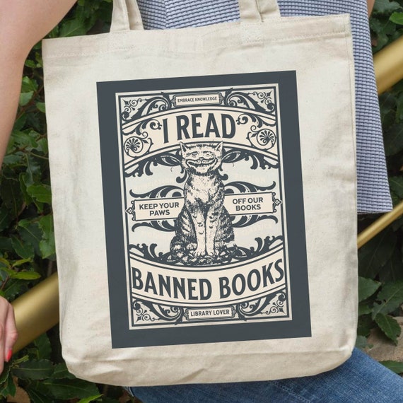 Banned Books Library Tote Bag, Cat Tote Bag, Read Banned Books Gift for Book Lovers, Goth Tote Bag for Readers, Literary Canvas Bag