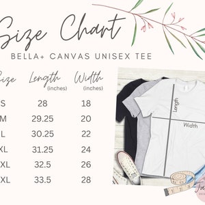 Peut inclure: Tableau des tailles pour les t-shirts unisexes Bella + Canvas. Le tableau indique la longueur et la largeur en pouces pour les tailles S, M, L, XL, 2XL et 3XL.
