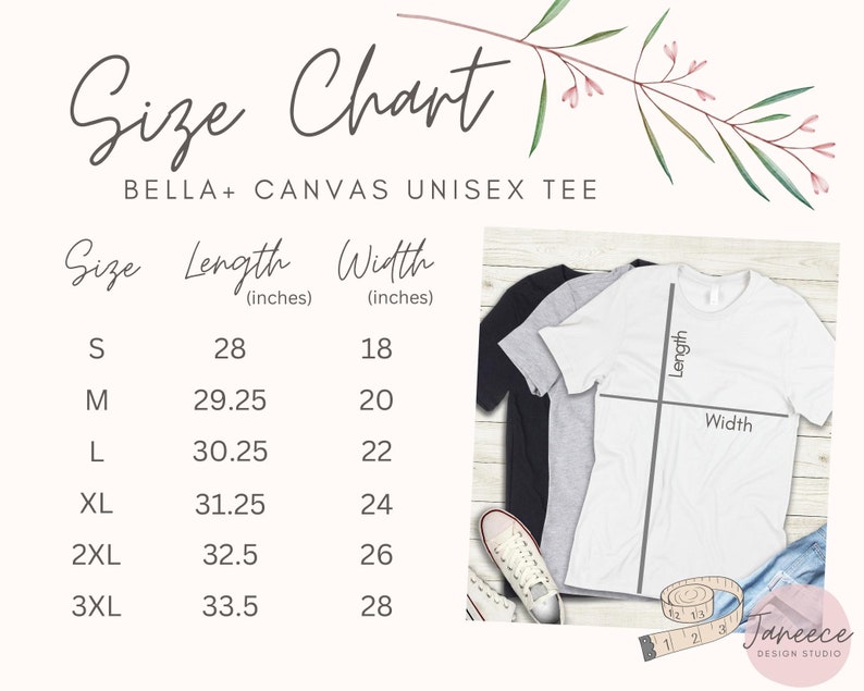 Peut inclure: Tableau des tailles pour les t-shirts unisexes Bella + Canvas. Le tableau indique la longueur et la largeur en pouces pour les tailles S, M, L, XL, 2XL et 3XL.