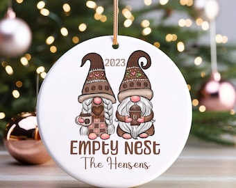 Personalized Empty Nest Ceramic Christmas Ornament, Gnome Couple Xmas Ornament for Coffee Lovers, Customized Empty Nester Gift Ornament