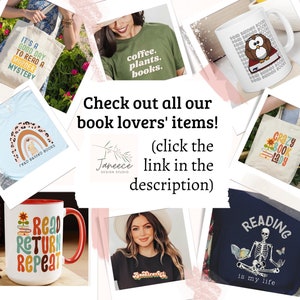 May include: A collage of images featuring various book-themed items, including tote bags, t-shirts, mugs, and a sweatshirt. The text "Check out all our book lovers' items! (click the link in the description)" is displayed in the centre of the collage.