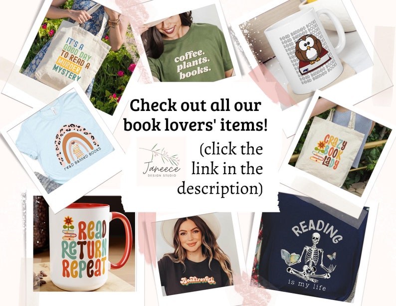 May include: A collage of images featuring various book-themed items, including tote bags, t-shirts, mugs, and a sweatshirt. The text "Check out all our book lovers' items! (click the link in the description)" is displayed in the centre of the collage.