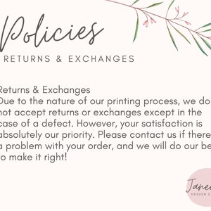 Policy card reiterating policies available in listing description.  I am steadily getting alt text in place across my shop - please message me if there is an item you're curious about that I haven't gotten to yet!