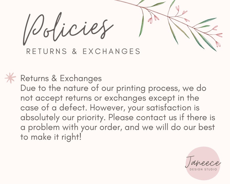 Policy card reiterating policies available in listing description.  I am steadily getting alt text in place across my shop - please message me if there is an item you're curious about that I haven't gotten to yet!