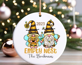Personalized Empty Nest Ceramic Christmas Ornament, Bumble Bee Gnome Couple Xmas Ornament, Customized Empty Nester Gift Ornament