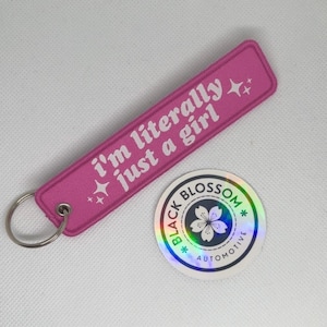 Pode incluir: Chaveiro de tecido rosa com texto branco que diz "Eu sou literalmente apenas uma garota" com duas estrelas brancas. O chaveiro está preso a um chaveiro prateado. Um adesivo holográfico com o texto "Black Blossom Automotive" está no fundo.