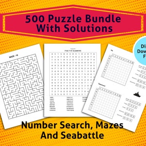 500 Puzzle Bundle with Solutions l Number search, mazes sea battle