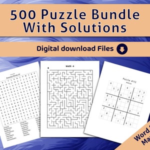 500 Puzzle Bundle with Solutions l Word search , Sudoku and Mazes