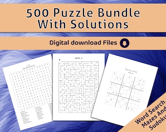 500 Puzzle Bundle with Solutions l Word search , Sudoku and Mazes