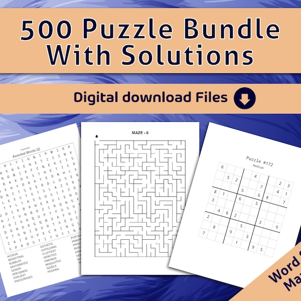 500 Puzzle Bundle with Solutions l Word search , Sudoku and Mazes