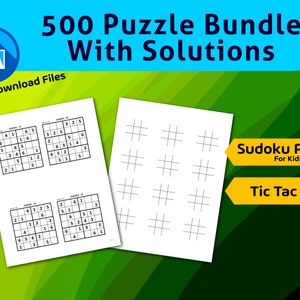 500 Puzzle Bundle with Solutions l sudoku , Tic tac toe