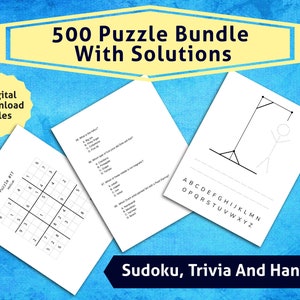 500 Puzzle Bundle with Solutions l Sudoku, Trivia, Hangman