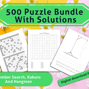 500 Puzzle Bundle with Solutions l Number search, Kakuro and Hangman