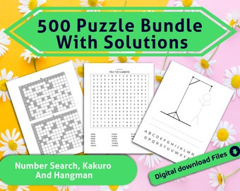 500 Puzzle Bundle with Solutions l Number search, Kakuro and Hangman