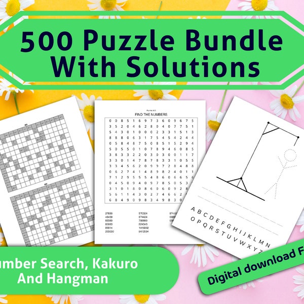 500 puzzelbundel met oplossingen l Nummer zoeken, Kakuro en Hangman