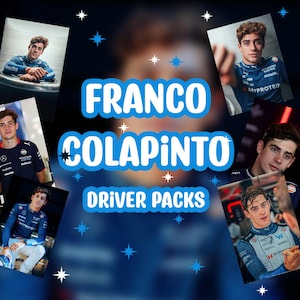 May include: A collage of images featuring Franco Colapinto, a race car driver. The images show him in various poses, including driving a race car, wearing a racing suit, and posing for a photo. The text "Franco Colapinto Driver Packs" is displayed in large, bold letters.