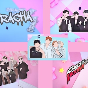 May include: A collection of five stickers labelled A through E. Sticker A features the text 3RACHA in a black graffiti style. Sticker B shows three figures in dark clothing. Sticker C depicts three figures. Sticker D shows five figures. Sticker E displays the text CHKCHK BOOM in red and white.