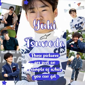 May include: A collage of photos featuring Yuki Tsunoda, a Japanese Formula One driver. The photos show him in various settings, including a race car, a casual outfit, and a formal event. The text "These pictures are just an example of what you can get" is also included in the collage.