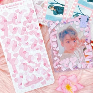 Hojas de pegatinas con lazos de sakura y rosas, polcos decorativos, cargadores superiores, diario