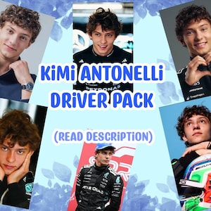 May include: A collage featuring multiple images of Kimi Antonelli, a race car driver. The images are set against a light blue background with a floral design. Text on the image reads "Kimi Antonelli Driver Pack (Read Description)".