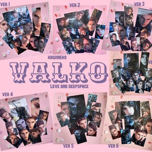 May include: A collection of seven sets of character cards labeled Ver 1 through Ver 7, featuring various portraits of male figures from Love and Deepspace. The text KAWINEKO VALKO LOVE AND DEEPSPACE is printed in large purple letters on a pink background.
