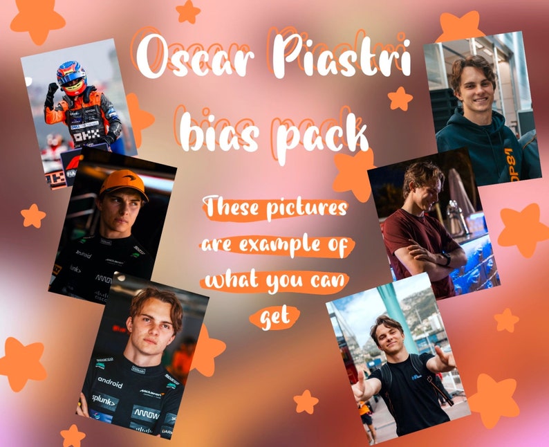May include: A collage of photos featuring Oscar Piastri, a race car driver. The photos show him in various settings, including on the racetrack, in a casual setting, and in a more formal setting. The text "Oscar Piastri bias pack" and "These pictures are example of what you can get" are also included in the collage.