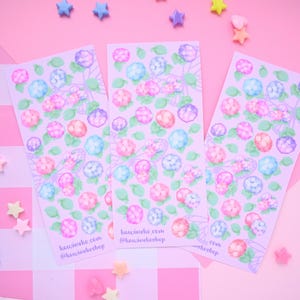 Hoja de pegatinas con flores de hortensia, decoración en tonos pastel morado y rosa, polcos, cargadores superiores, diario