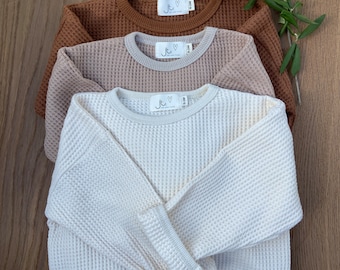 Langarmshirt Waffelpique cremeweiß, braun oder taupe - Pullover Waffel, Waffeloptik, Langarm