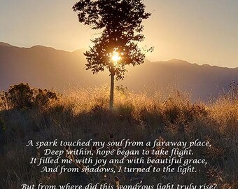 Puede incluir: Una silueta de un árbol con el sol brillando a través de sus ramas. El árbol está en la cima de una colina con un campo de hierba en primer plano y montañas en el fondo. La imagen está acompañada de un poema sobre la esperanza y encontrar la luz en la oscuridad.