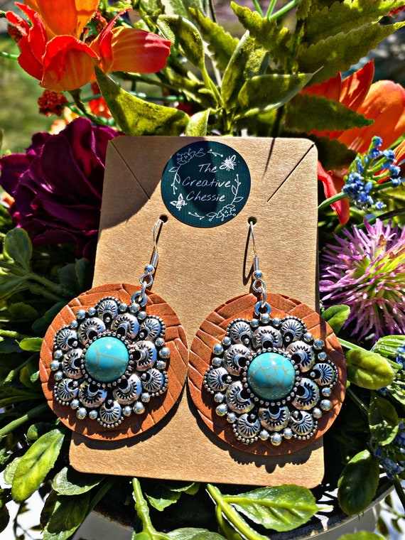 Western Turquoise Faux Leather Earrings Hypoallergenic Metal