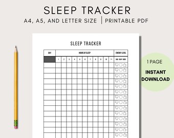 May include: A printable sleep tracker in black and white. The tracker has columns for the day, hours of sleep, and energy level. The energy level column has a thumbs up and thumbs down icon to indicate how the person felt.