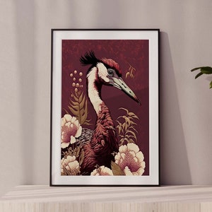 Japanese Crane Bird Art, Oriental Bird Print, Vintage Bird Illustration, Crane Poster, Japan Art, Vintage Japanese Flower Poster with Crane
