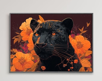 Schwarzer Panther Blumendruck, Japanischer Stil Poster Kunst, Orientalische Kunst Dekor, moderne schicke Malerei, Floral Wildtier Kunstwerk, digital druckbar