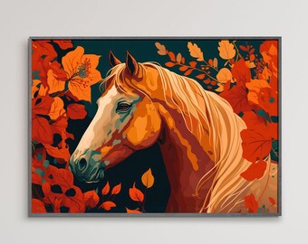 Farmhouse Horse Decor Print, Horse Painting Print, Horses Portrait in Leaves, Farmhouse Printable Art, Digital Download, Large Horse Poster