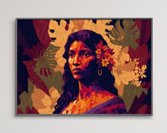 Mayan Princess Floral Print | Portrait Poster Art | Rainforest Home Decor | Vintage Chic | Digital Printable
