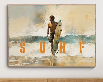 Puede incluir: Una pintura de acuarela de un surfista caminando por la playa con una tabla de surf bajo el brazo. La palabra "SURF" está escrita en letras naranjas en la arena.