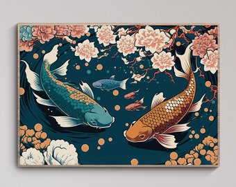 Stampa artistica giapponese Koi / Stagno floreale dei pesci Koi, Poster Ukiyo Arte giapponese Arte della parete giapponese Poster di pesce Idea regalo di compleanno Inaugurazione della casa, Sakura