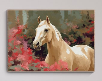 White Arabian Horse Print, Western Floral Horse Art, White Horses Printable, Arabian Stallion Painting, Farmhouse Horse Posters, Western Art