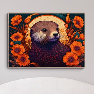 Sea Otter Floral Poster | Gauguin Art Deco Digital Printable | Modern Home Decor