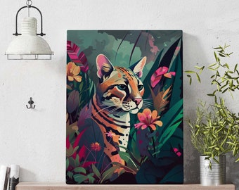 Cartel de flores de la selva de Ocelote / Regalo Safari / Impresión de flores de Ocelote / Descarga digital / Decoración elegante moderna