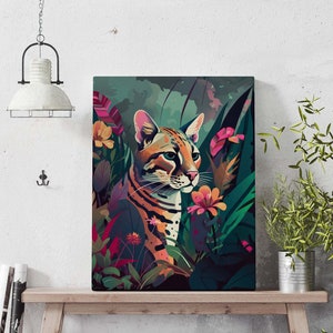 Ocelot Jungle Flower Poster | Safari Gift | Ocelot Flowers Print | Digital Download | Modern Chic Decor
