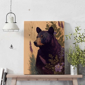 Black Bear Art Print, Black Bear In Lavender, Floral Bear Poster, Cabin Wall Decor, Wildlife Art, Bear Painting, Farmhouse Decor