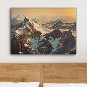 Impresión de pintura de montaña de invierno, arte de pared imprimible, decoración de Navidad, paisaje de invierno nevado cartel vintage de las montañas rocosas, montaña majestuosa
