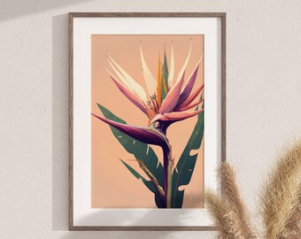 Bird of Paradise Flower Print, Boho Botanical Wall Art, Simple Flower Market Print, ADHD Friendly Colors | Coastal Decor,Tropical Flower Art