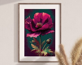Poppy Art Print Wall Decor, Poppy Painting, Pink Girls Nursery Flower, Vintage Wildflower Decor, Digital Download, ADHD-Friendly Colors