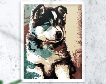 Könnte beinhalten: Ein Gemälde eines braunen und weißen Husky-Welpen mit blauen Augen. Der Welpe sitzt und schaut nach rechts. Der Hintergrund ist in einem verblassten Braun- und Grünton gehalten.