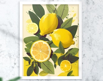 May include: A framed art print featuring a vibrant illustration of lemons and green leaves. The artwork showcases whole and sliced lemons in shades of yellow, set against a light background. The print is encased in a white frame.